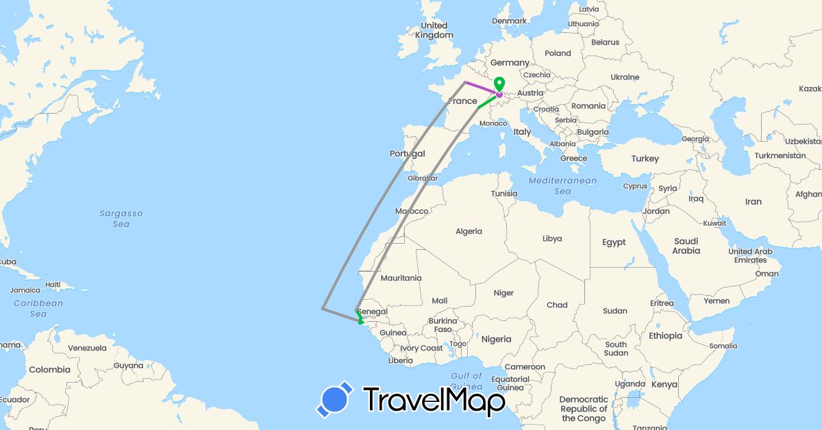 TravelMap itinerary: driving, bus, plane, train in Switzerland, Cape Verde, France, Gambia, Senegal (Africa, Europe)